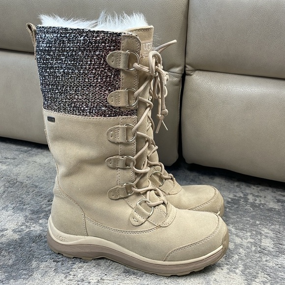 UGG Atlason Frill Cream All weather Waterproof Suede Tall Boots Tweed Fur Sz 7.5 - Picture 1 of 15